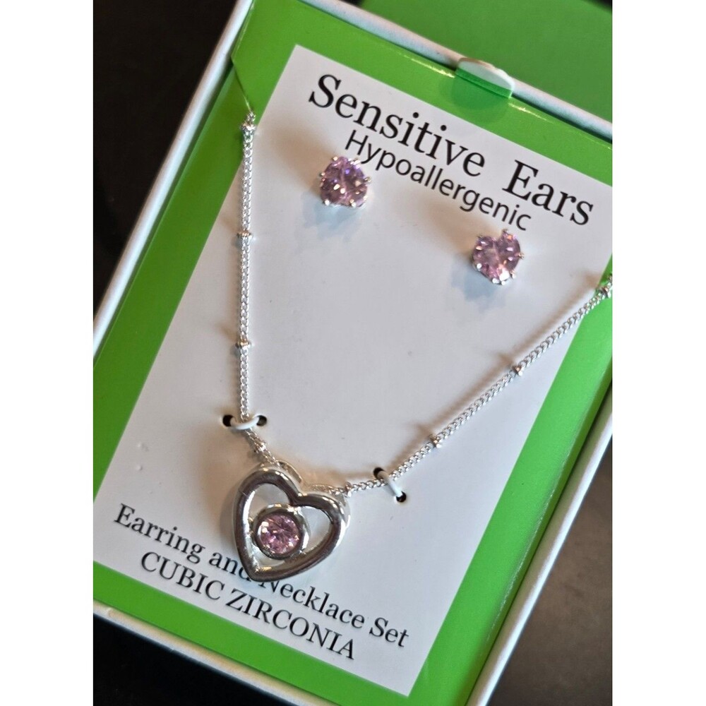 New Pink CZ embellished Heart Necklace & Earring Set Hypoallergenic